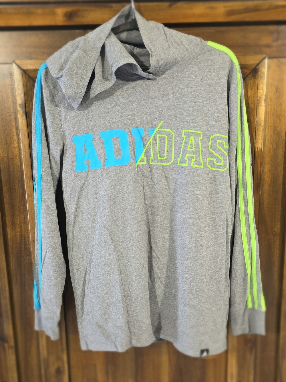 Adidas Boys gray Hoodie with Bright Blue and Neon Green Logo & Accents